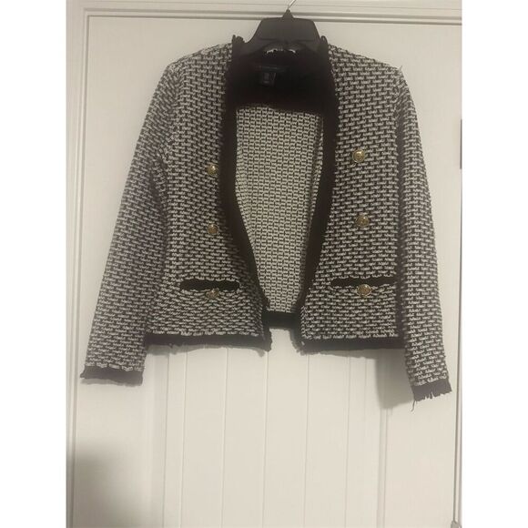 Tahari Women's Black Knit Cardigan Jacket M Open Front Gold Buttons - Picture 3 of 4